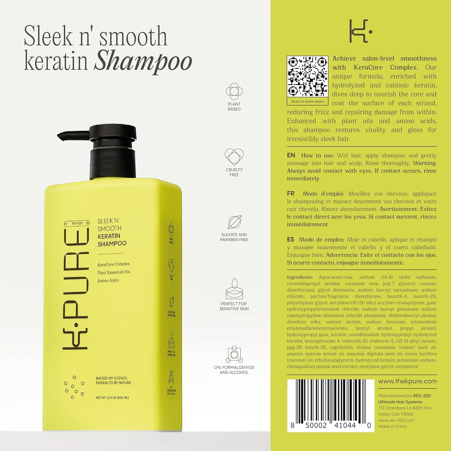 Rev320 Sleek N' Smooth Keratin Shampoo by K-Pure – Anti-Frizz, Strength & Shine (Sulfate & Paraben Free)