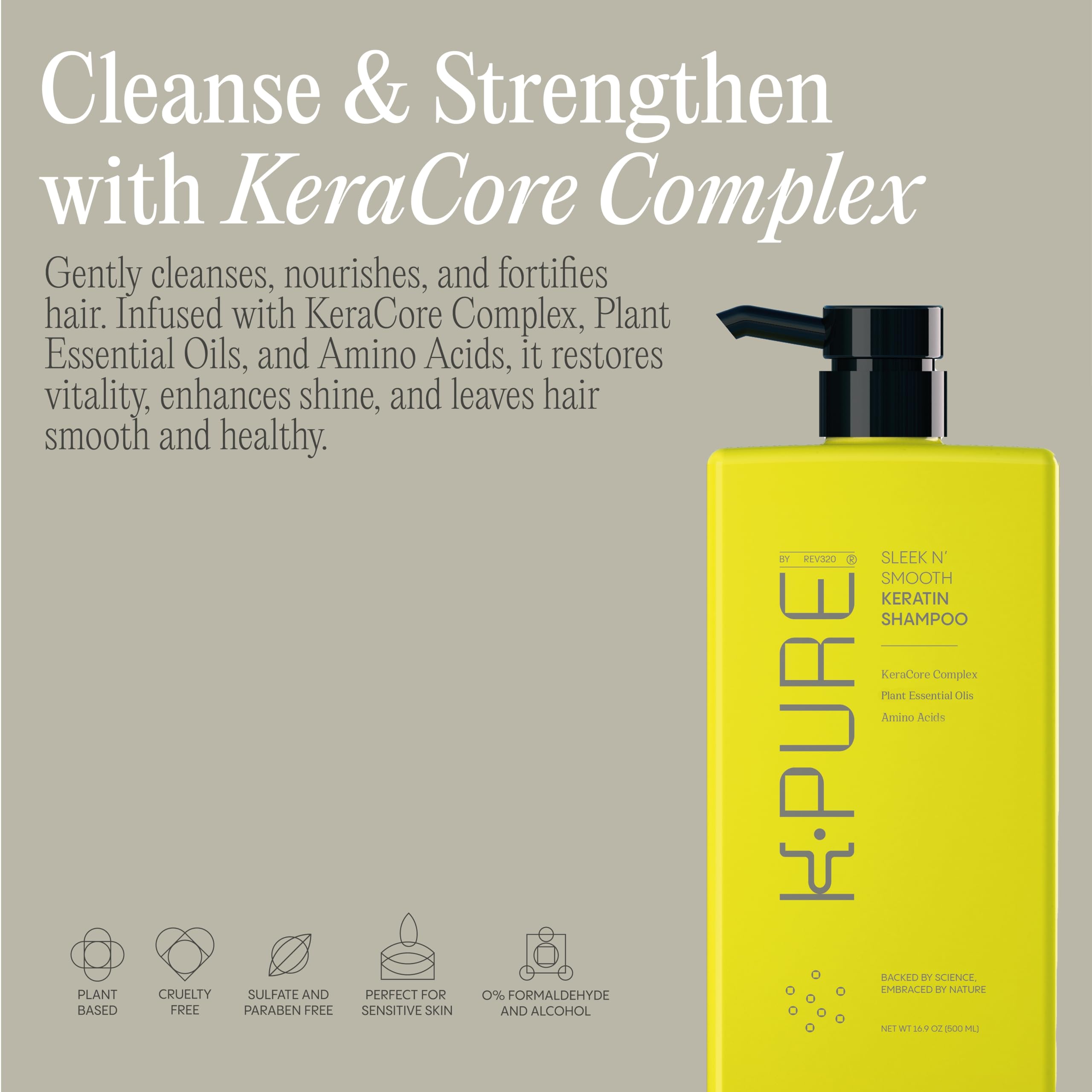Rev320 Sleek N' Smooth Keratin Shampoo by K-Pure – Anti-Frizz, Strength & Shine (Sulfate & Paraben Free)