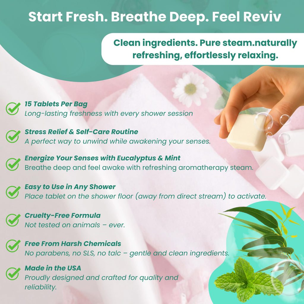 REVIV Shower Steamers Aromatherapy – 15 Long-Lasting Eucalyptus & Mint Shower Bombs