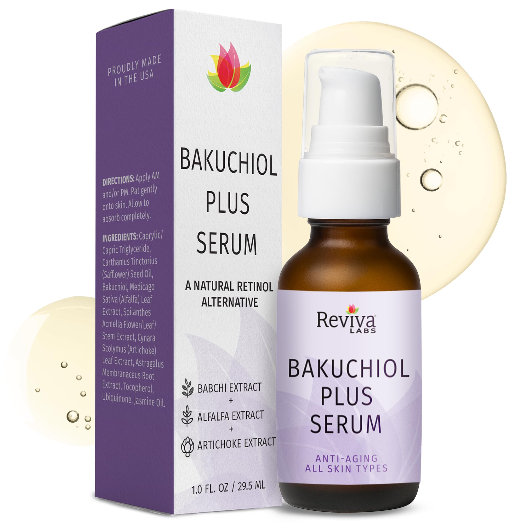 Reviva Labs Bakuchiol Serum – Natural Retinol Alternative with Alfalfa & Artichoke, Hydrating 1 Fl Oz