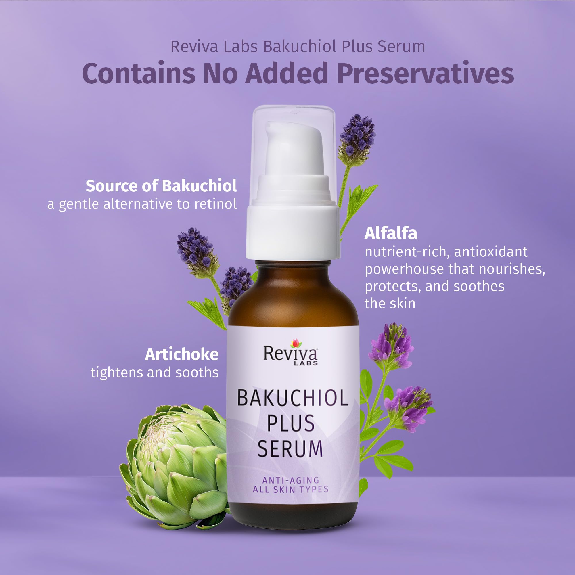 Reviva Labs Bakuchiol Serum – Natural Retinol Alternative with Alfalfa & Artichoke, Hydrating 1 Fl Oz