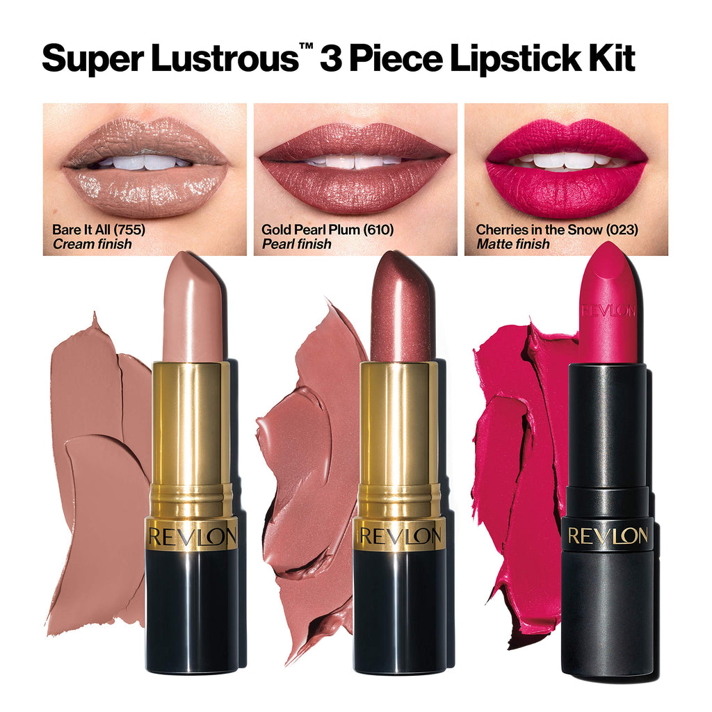 Revlon Super Lustrous 3-Piece Lipstick Gift Set – Cream, Pearl & Matte Finishes