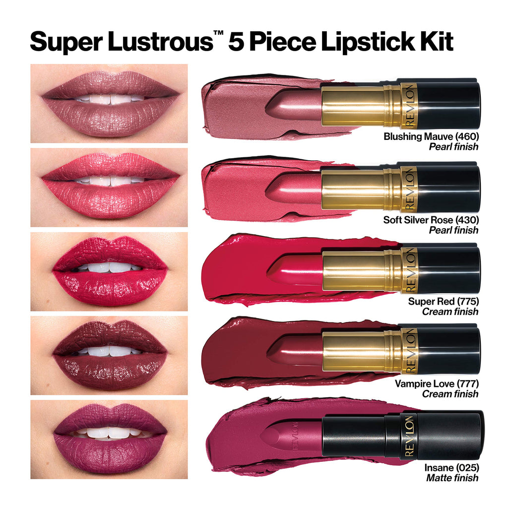 Revlon Super Lustrous 5-Piece Lipstick Gift Set – Matte, Pearl & Cream Finishes