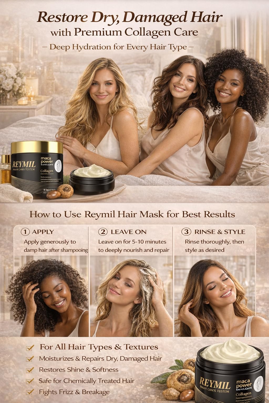 REYMIL Collagen Hair Mask – Deep Conditioning with Argan Oil | Repairs Dry & Frizzy Hair (500ml)