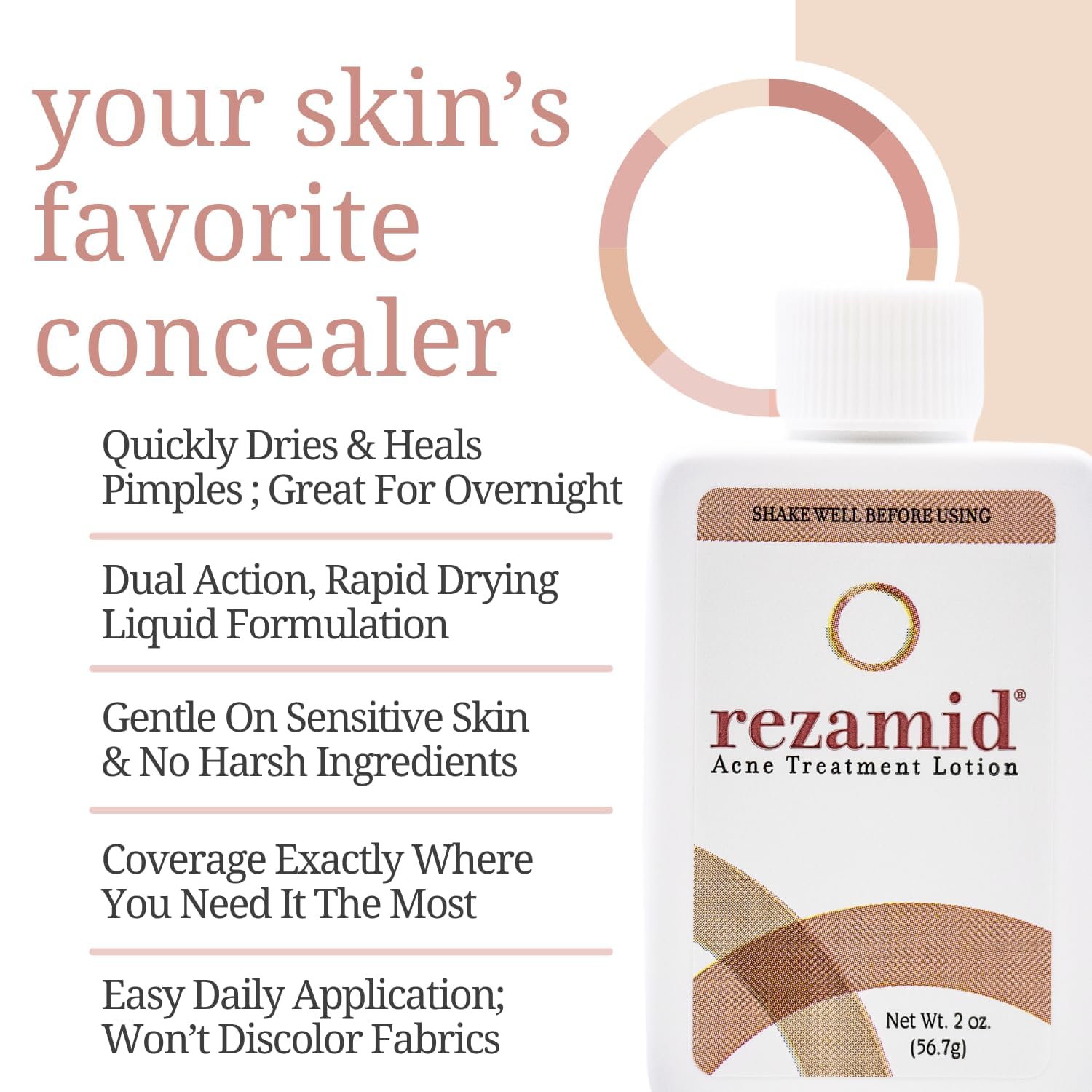 Rezamid Acne Spot Treatment Lotion - 5% Sulfur & 2% Resorcinol, Oily Skin Concealer with Skin Tone Matching, 2oz