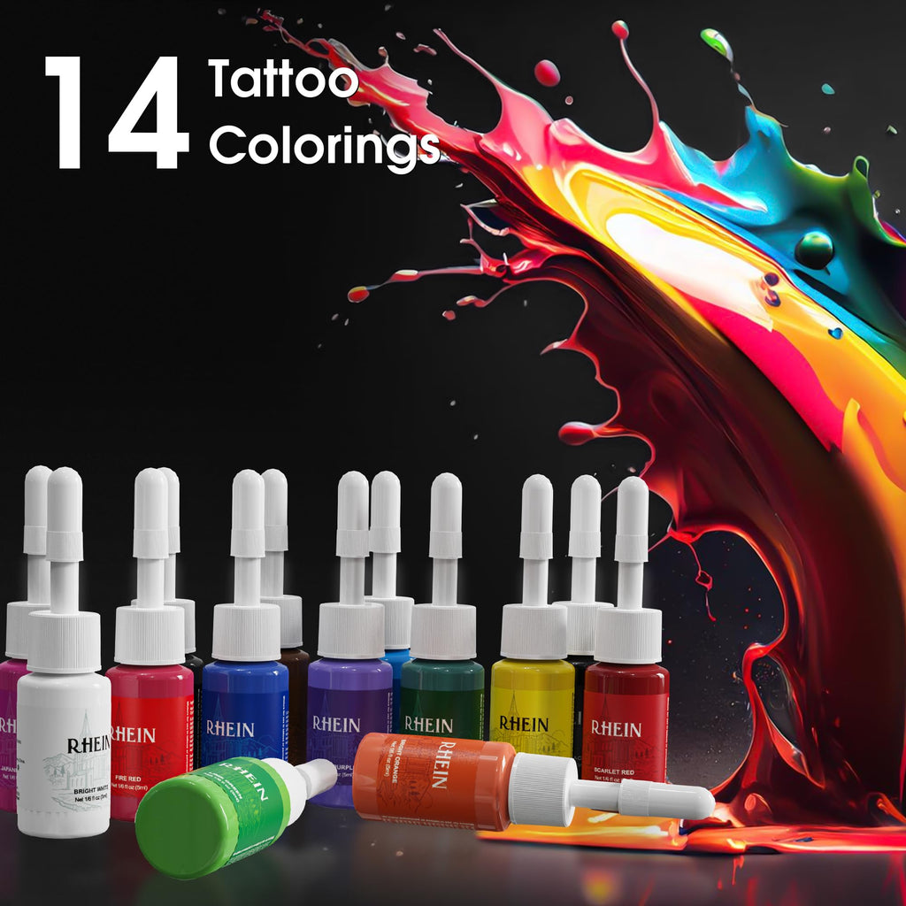 RHEIN RNE40KIT-1 Wireless Tattoo Machine Kit – 1400mAh, 7 Stroke Settings, 14 Inks, 20 Cartridges