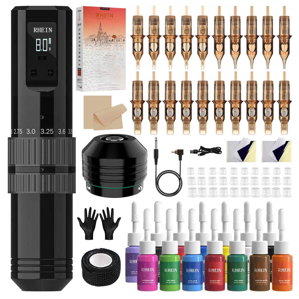 RHEIN RNE40KIT-1 Wireless Tattoo Machine Kit – 1400mAh, 7 Stroke Settings, 14 Inks, 20 Cartridges