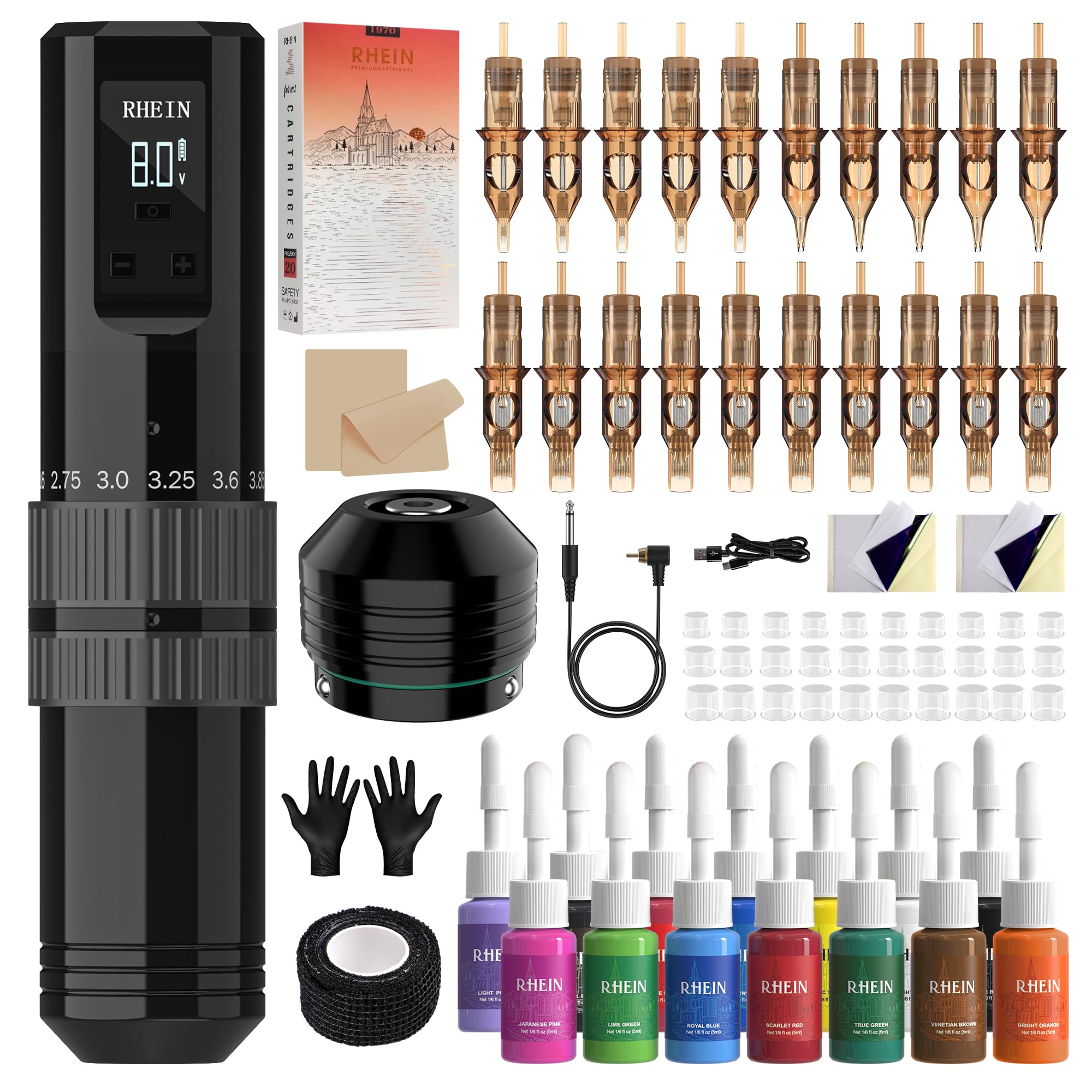 RHEIN RNE40KIT-1 Wireless Tattoo Machine Kit – 1400mAh, 7 Stroke Settings, 14 Inks, 20 Cartridges