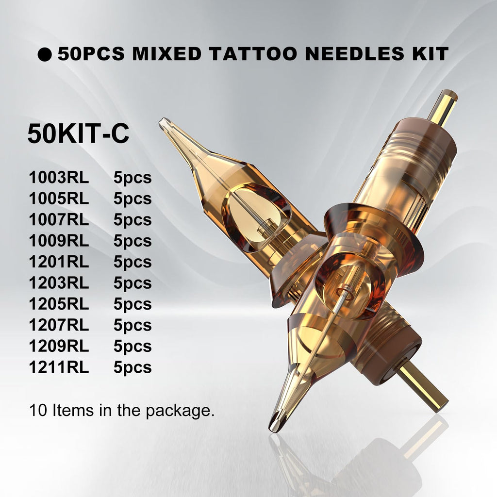 RHEIN Tattoo Cartridges Needles 50pcs Mixed Set – 0.3mm RL & 0.35mm 1RL–1211RL, 3.5mm M-Taper