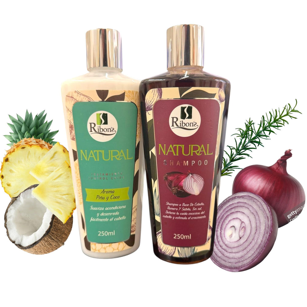 Ribon's Natural Shampoo & Hair Treatment Set – Onion, Rosemary & Aloe Vera – Pineapple Coconut Scent – 2x250ml