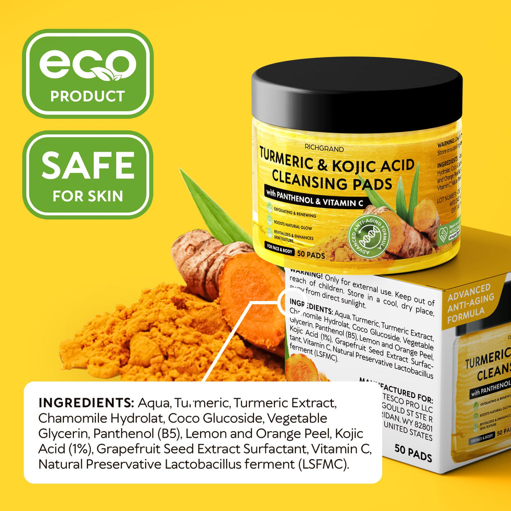 RichGrand Turmeric Kojic Cleansing Pads – Foaming Face Wash with Vitamin C & Lemon