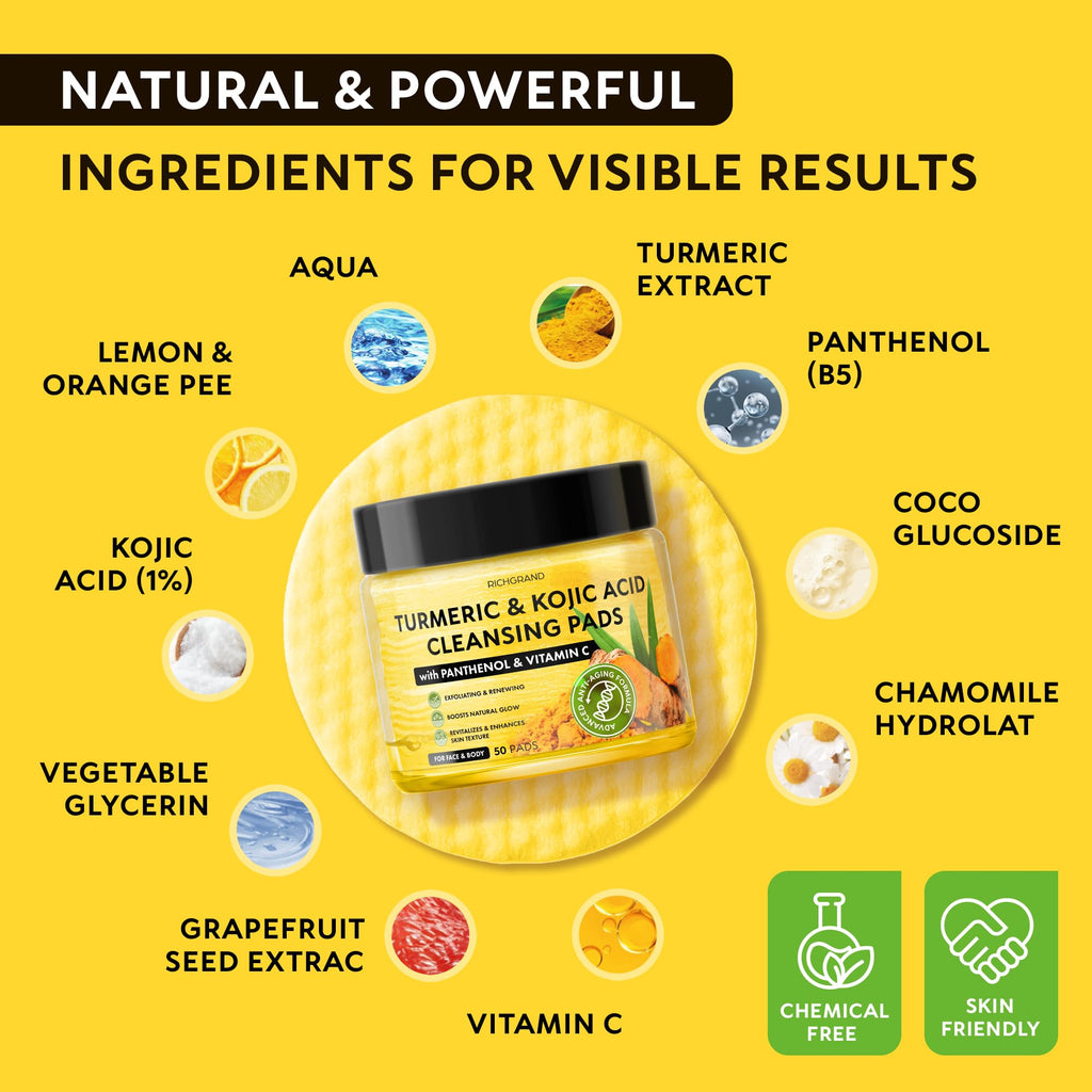 RichGrand Turmeric Kojic Cleansing Pads – Foaming Face Wash with Vitamin C & Lemon