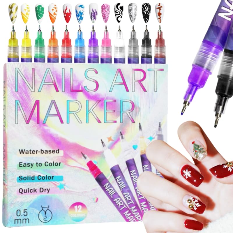Ricishiy 12 Colors Nail Art Pens Set – 3D Nail Art, DIY Manicure Tools