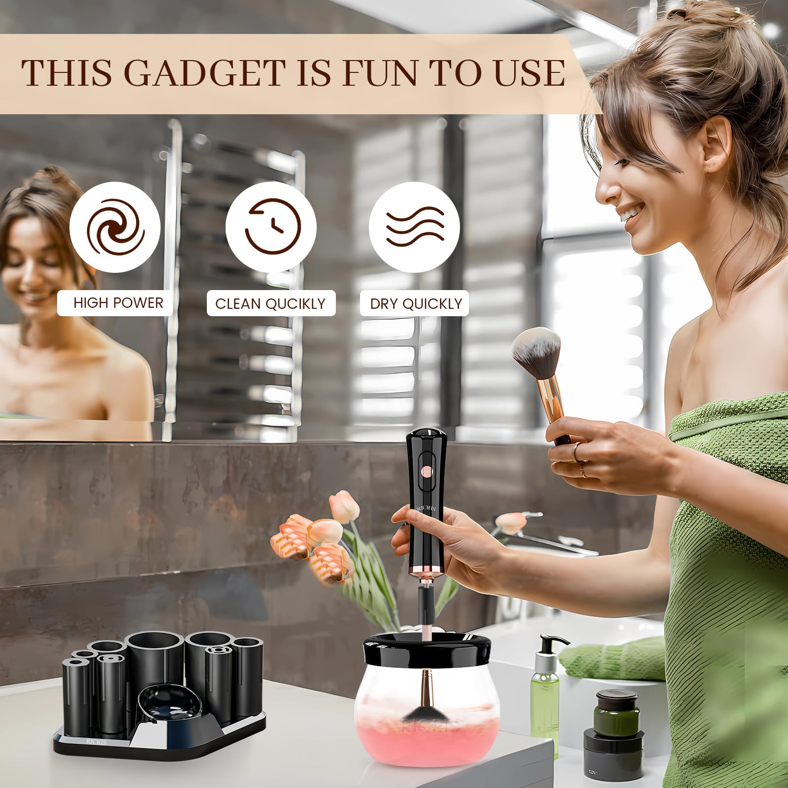 RICRIS Electric Makeup Brush Cleaner and Dryer – Fast Spin Wash