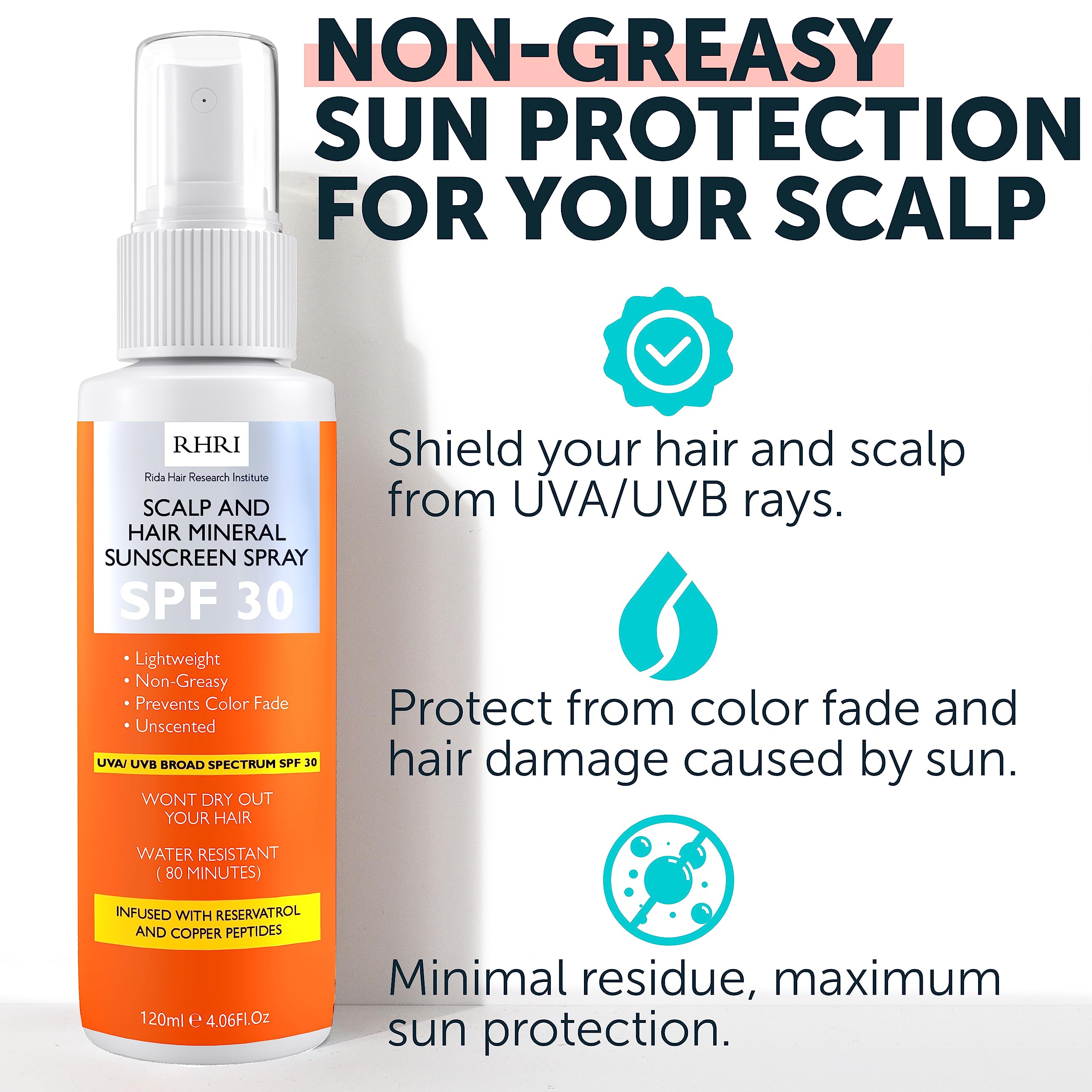 Rida Hair Research Institute Premium SPF 30 Hair Sunscreen Spray | Non-Greasy UV Protection for Hair & Scalp | Travel-Size 4 oz / 120 ml