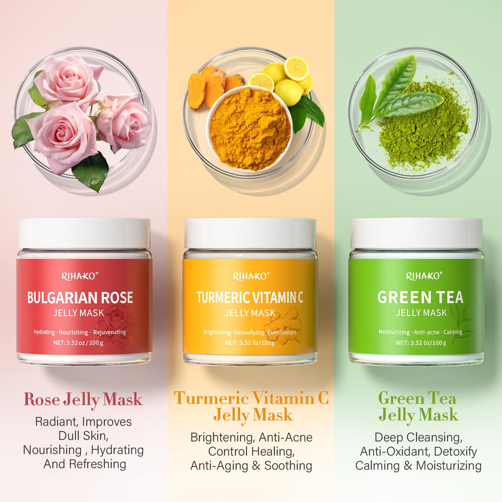 RIHAKO Jelly Mask Gift Kit – Turmeric Vitamin C, Rose & Green Tea Hydrating Face Masks