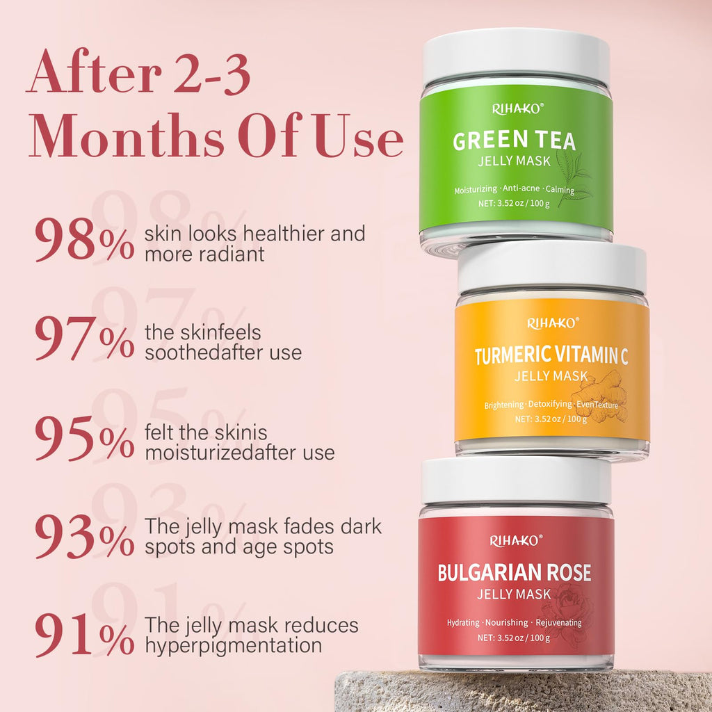 RIHAKO Jelly Mask Gift Kit – Turmeric Vitamin C, Rose & Green Tea Hydrating Face Masks