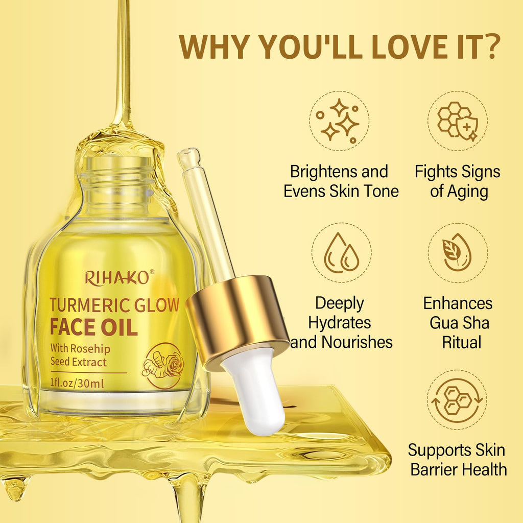RIHAKO Turmeric Rosehip Face Oil for Gua Sha – Hydrating Anti-Aging Glow