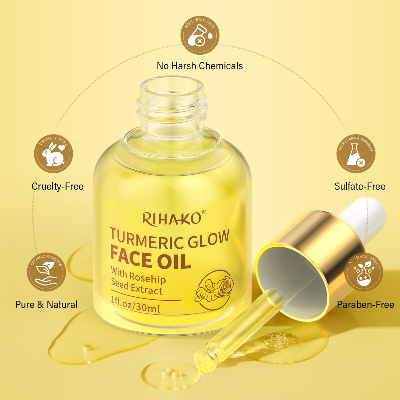 RIHAKO Turmeric Rosehip Face Oil for Gua Sha – Hydrating Anti-Aging Glow