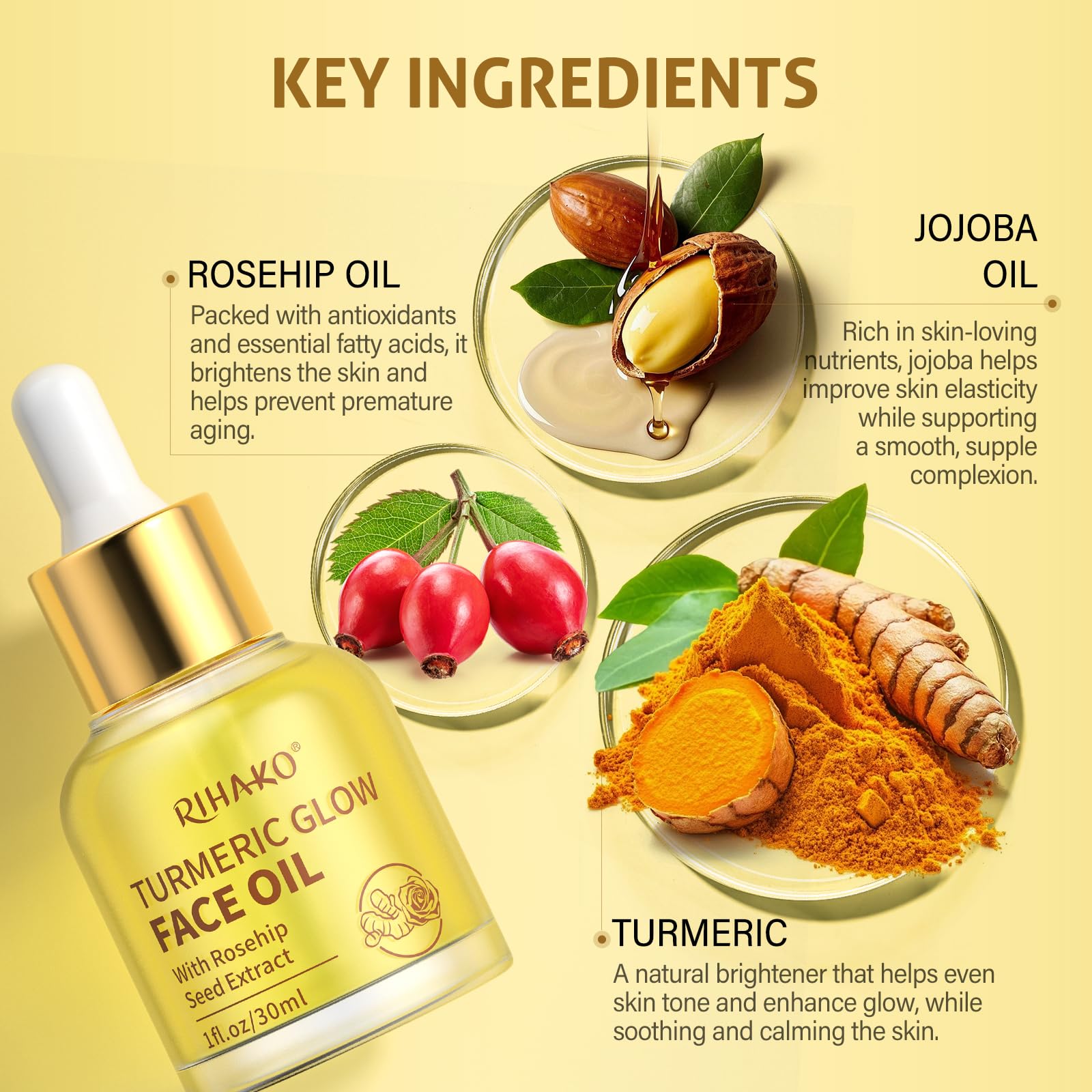 RIHAKO Turmeric Rosehip Face Oil for Gua Sha – Hydrating Anti-Aging Glow