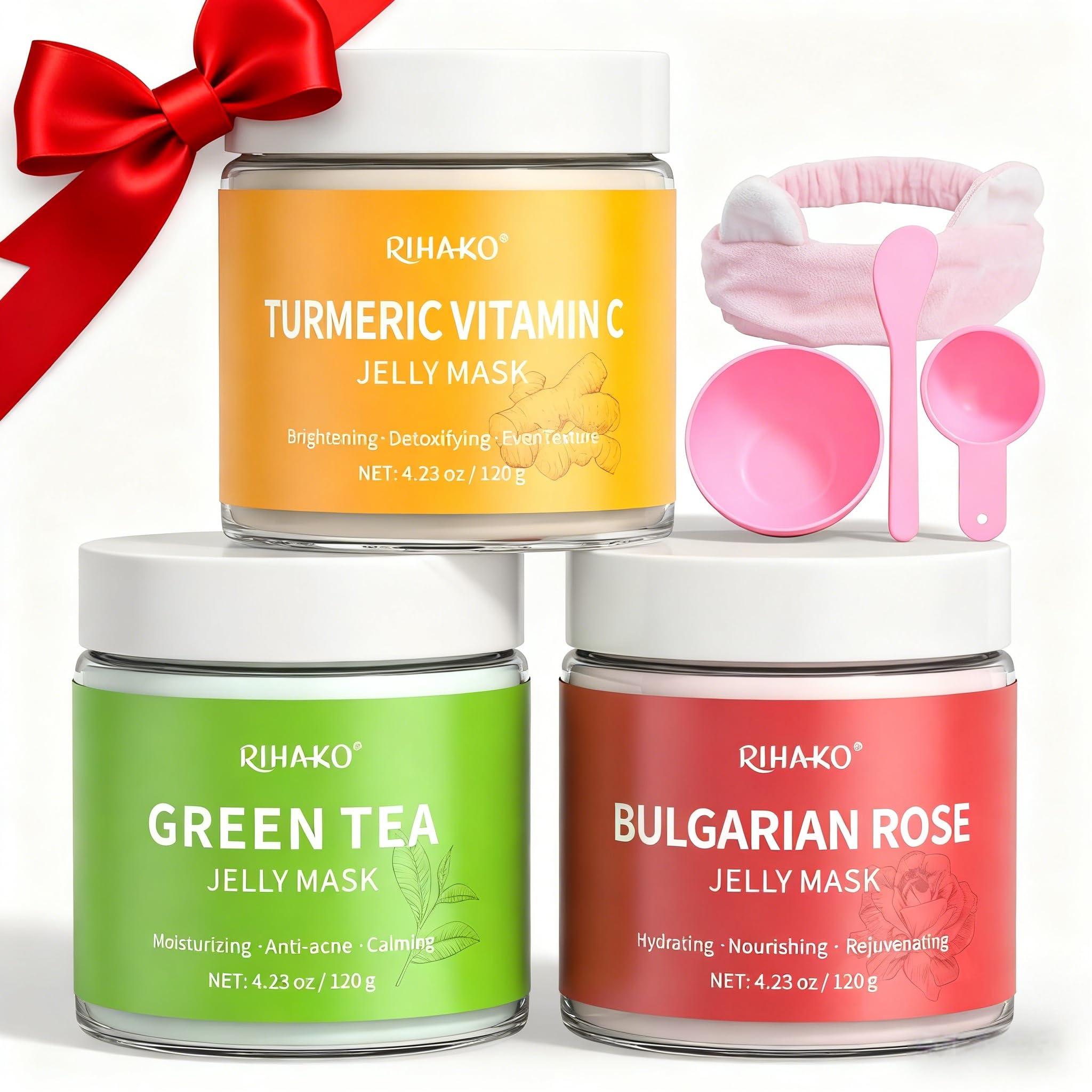 RIHAKO Jelly Mask Gift Kit – Turmeric Vitamin C, Rose & Green Tea Hydrating Face Masks