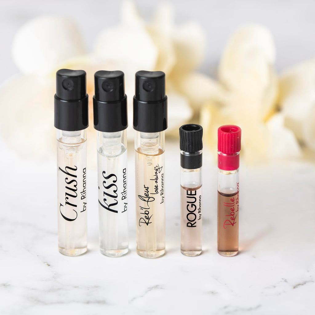 5 Rihanna Perfume Samples for Women: Crush, Reb'l Fleur, Kiss, Rogue, Rebelle | Sample Vial Set