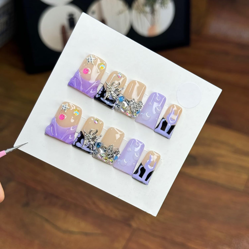 RIICFDD 10 Pcs Handmade Press-On Nails – Medium Duck Design, 3D Butterfly Rhinestones, Glue-On, Reusable