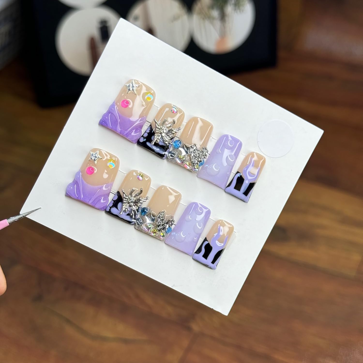 RIICFDD 10 Pcs Handmade Press-On Nails – Medium Duck Design, 3D Butterfly Rhinestones, Glue-On, Reusable