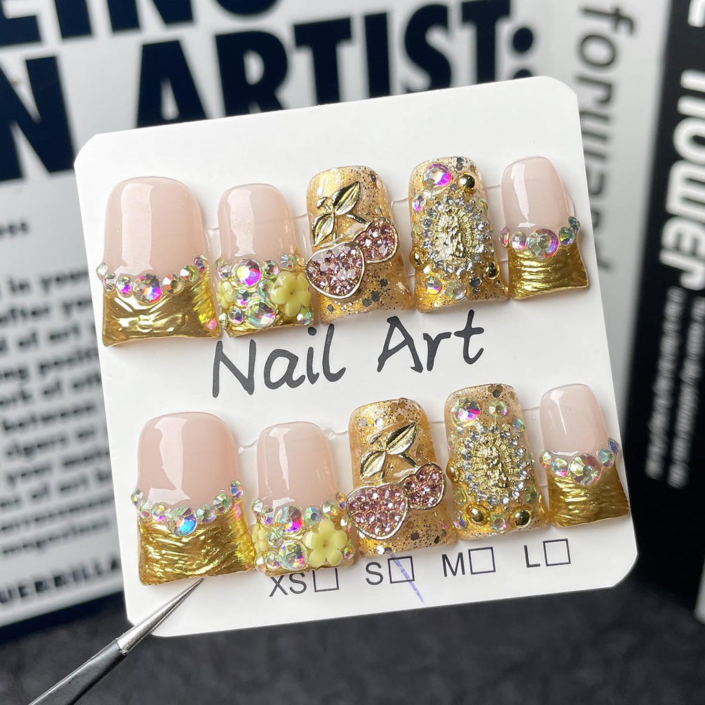 RIICFDD 24-Piece Duck Nail Set | 12 Sizes | French Tip Press-On Nails with Glue, 3D Cherry Flower Rhinestones