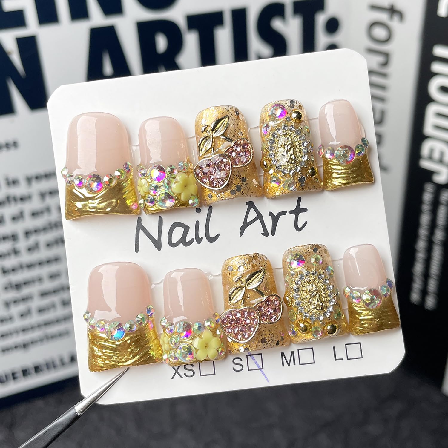 RIICFDD 24-Piece Duck Nail Set | 12 Sizes | French Tip Press-On Nails with Glue, 3D Cherry Flower Rhinestones