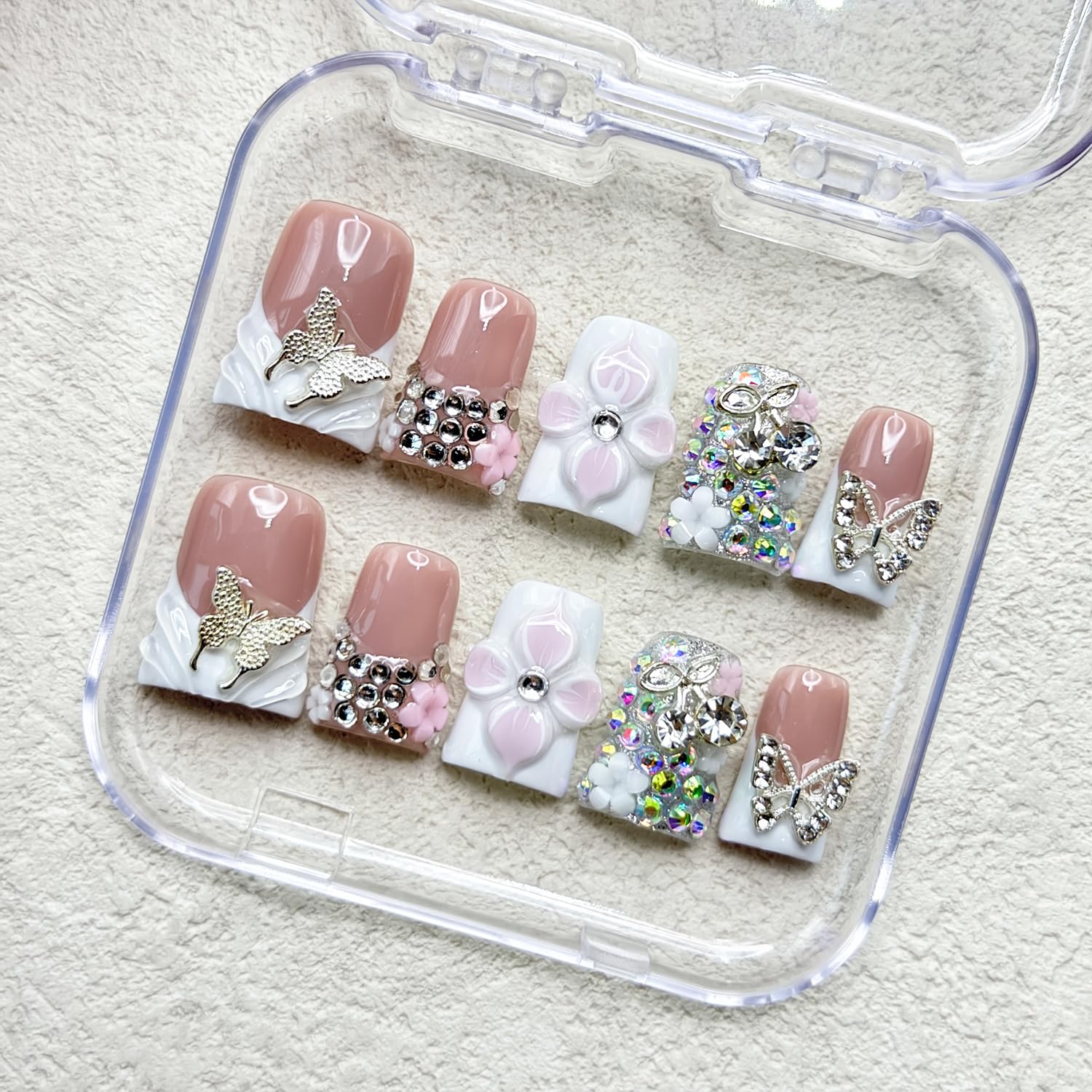 RIICFDD Handmade Press-On Nails – Duck Design, 3D Flowers & Rhinestones (Size M)