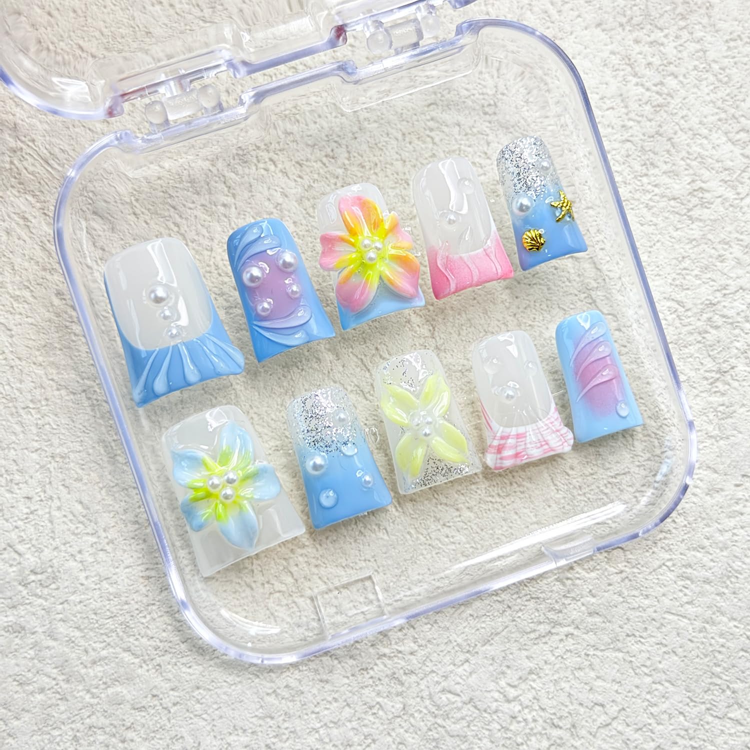 RIICFDD 3D Flower Blue Gradient Press On Nails – Shiny White Pearl Design, Pink Gradient with Gold Shell & Starfish (10 Pcs, Size M)