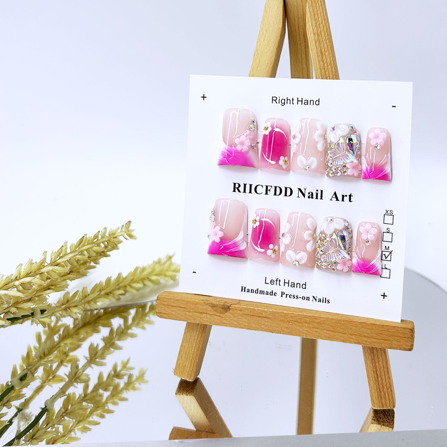 RIICFDD 10 Pcs Handmade Press-On Nails – Medium Duck, Rose Pink with 3D Flowers & Butterfly Rhinestones