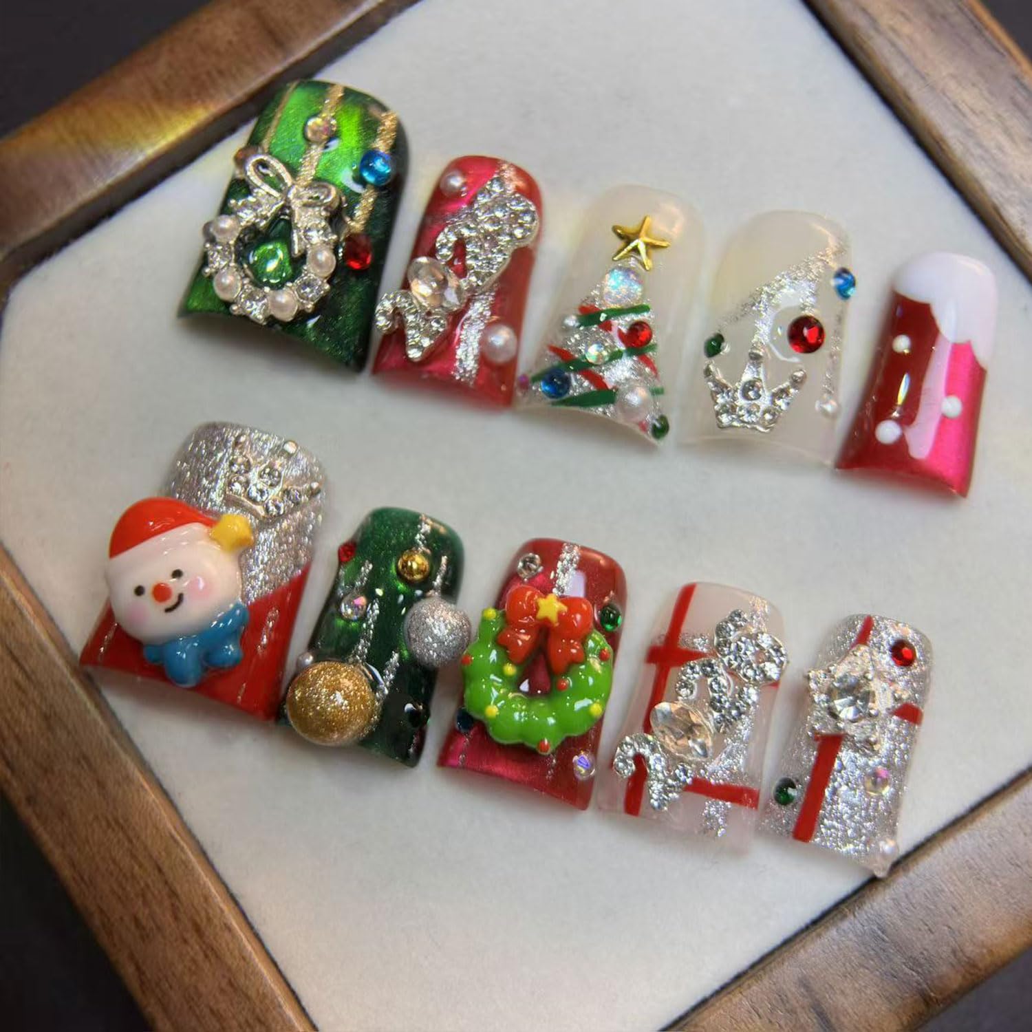 RIICFDD 10 Pcs Handmade Press On Nails – Duck 3D Garland Rhinestone Design for Autumn Winter