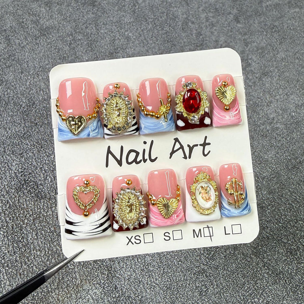 RIICFDD 10 Pcs Duck Press-On Nails Sea Waves Pink French Tip – 3D Golden Heart, Reusable Acrylic Kit