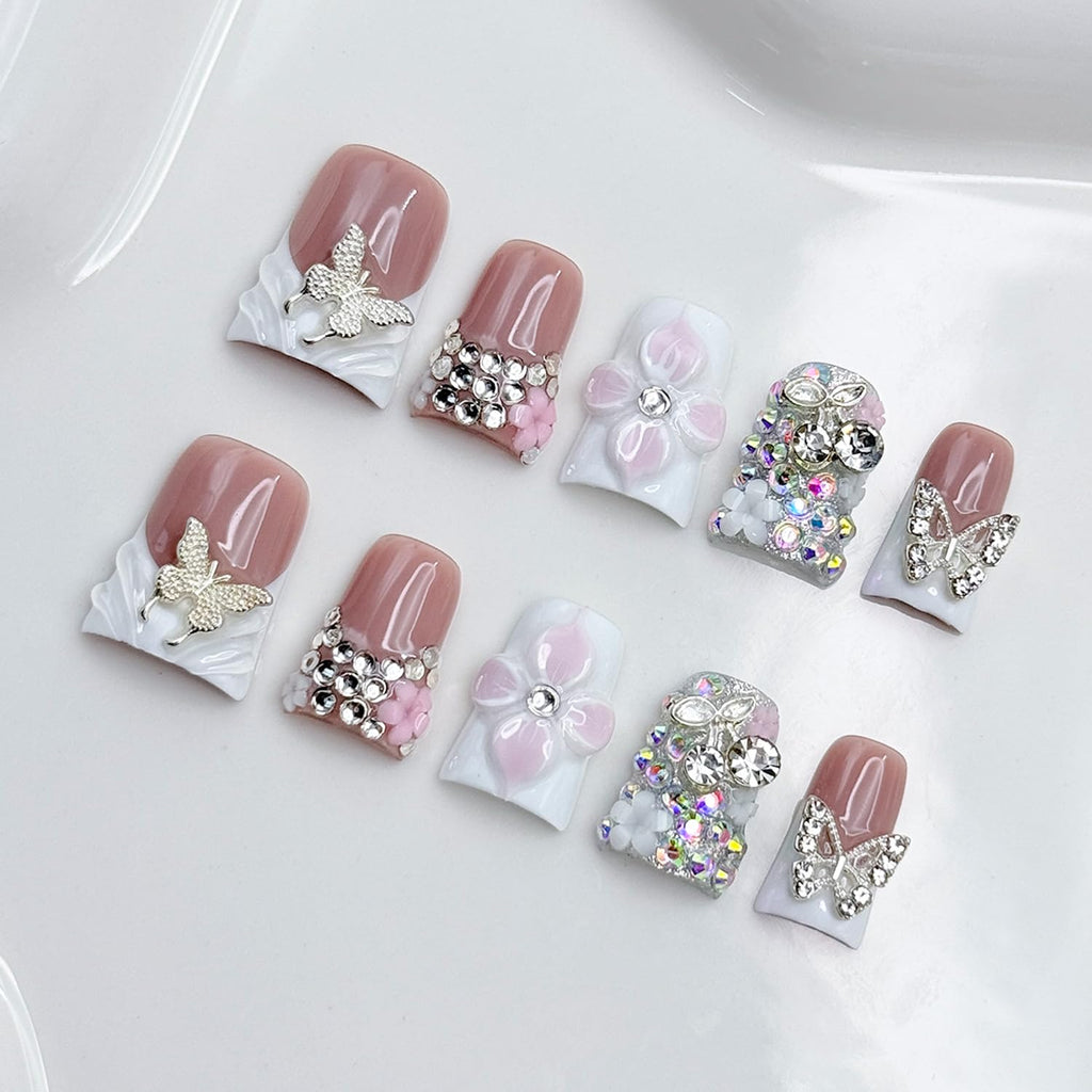 RIICFDD Handmade Press-On Nails – Duck Design, 3D Flowers & Rhinestones (Size M)