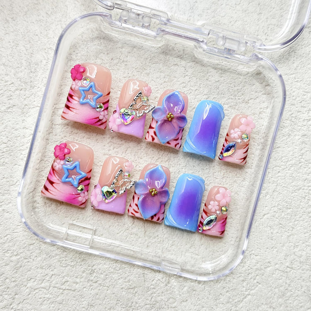 RIICFDD Thick Press On Nails – Medium Duck Nails with 3D Flower Art, Gems, Reusable Acrylic