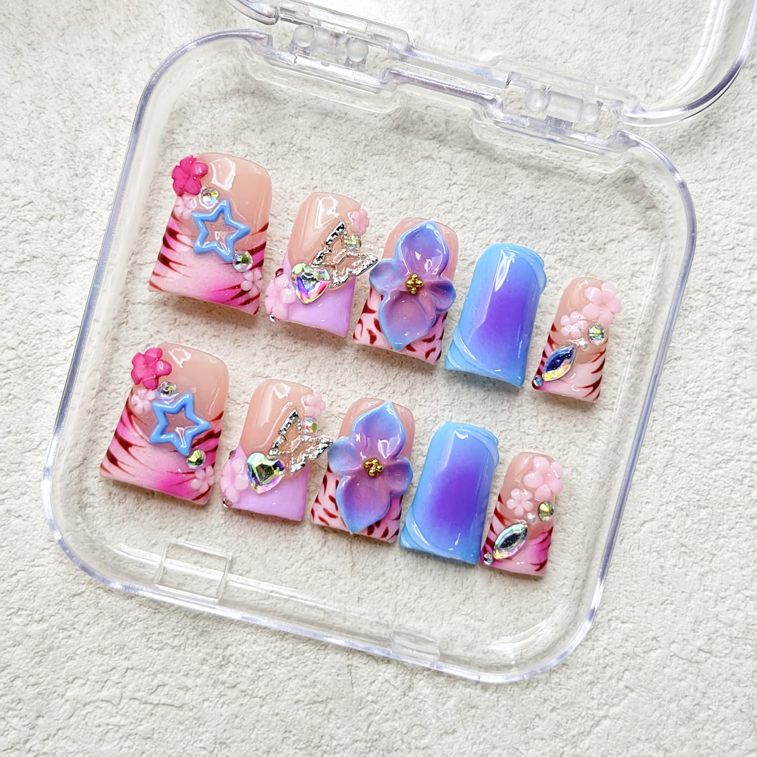 RIICFDD Thick Press On Nails – Medium Duck Nails with 3D Flower Art, Gems, Reusable Acrylic