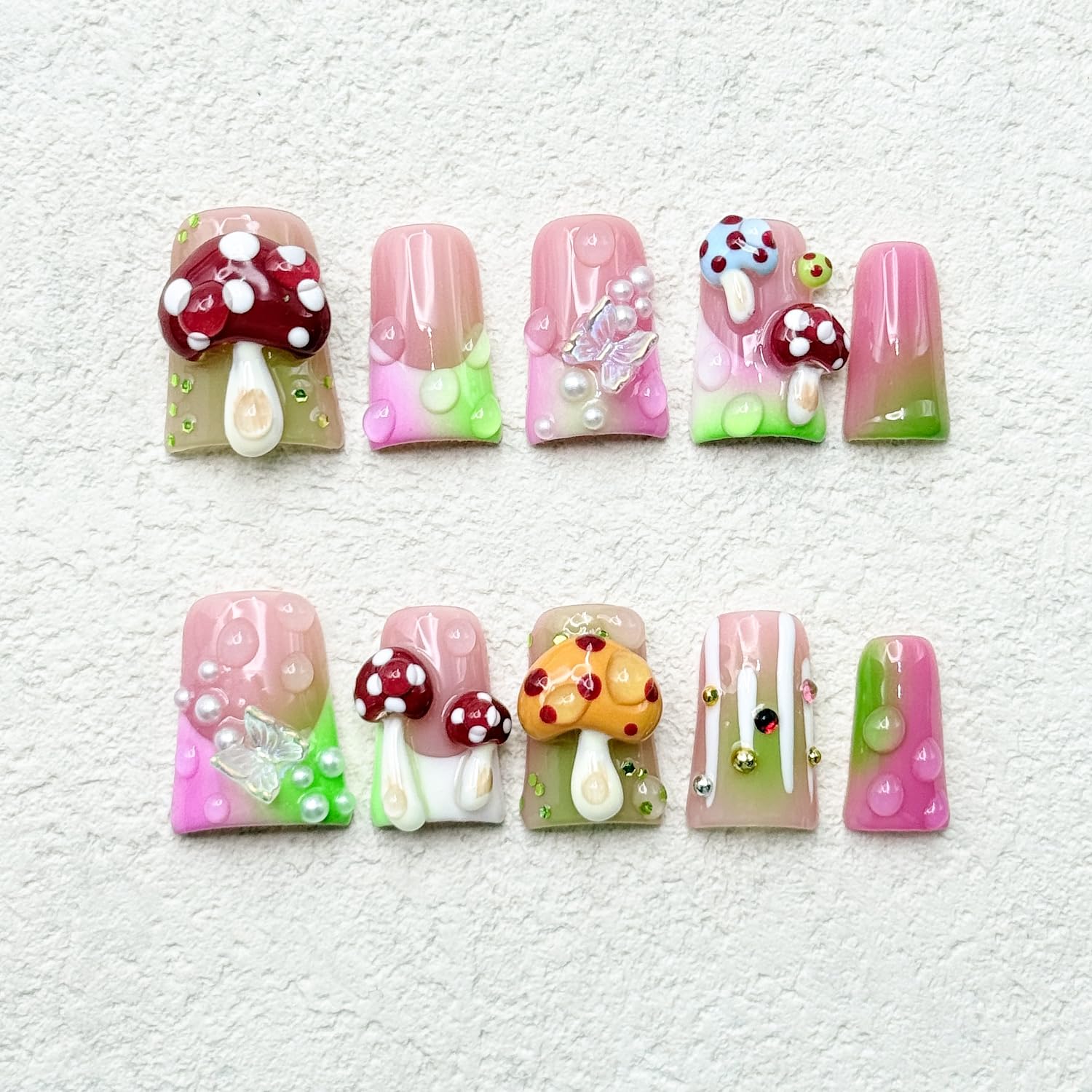 RIICFDD Luxury Handmade Press-On Nails – Medium Duck with 3D Mushroom Art (Size S)