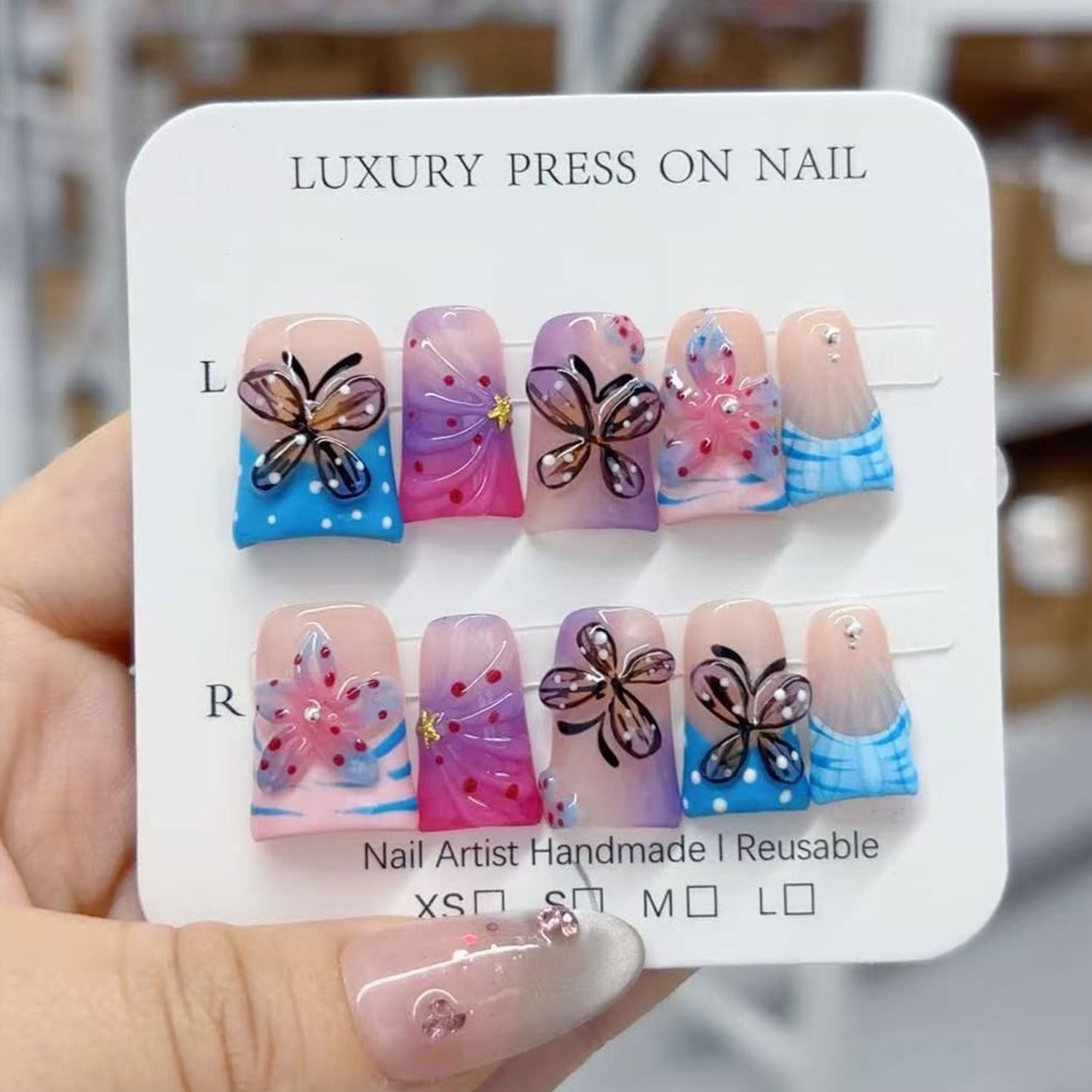 RIICFDD 10 Pcs Handmade Press-On Nails with Glue – Butterfly Flower Design