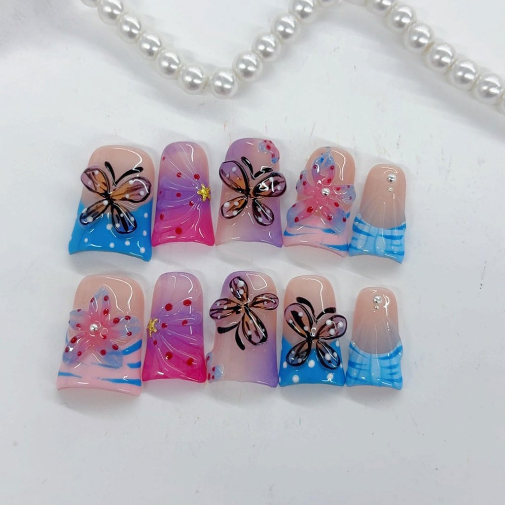 RIICFDD 10 Pcs Handmade Press-On Nails with Glue – Butterfly Flower Design