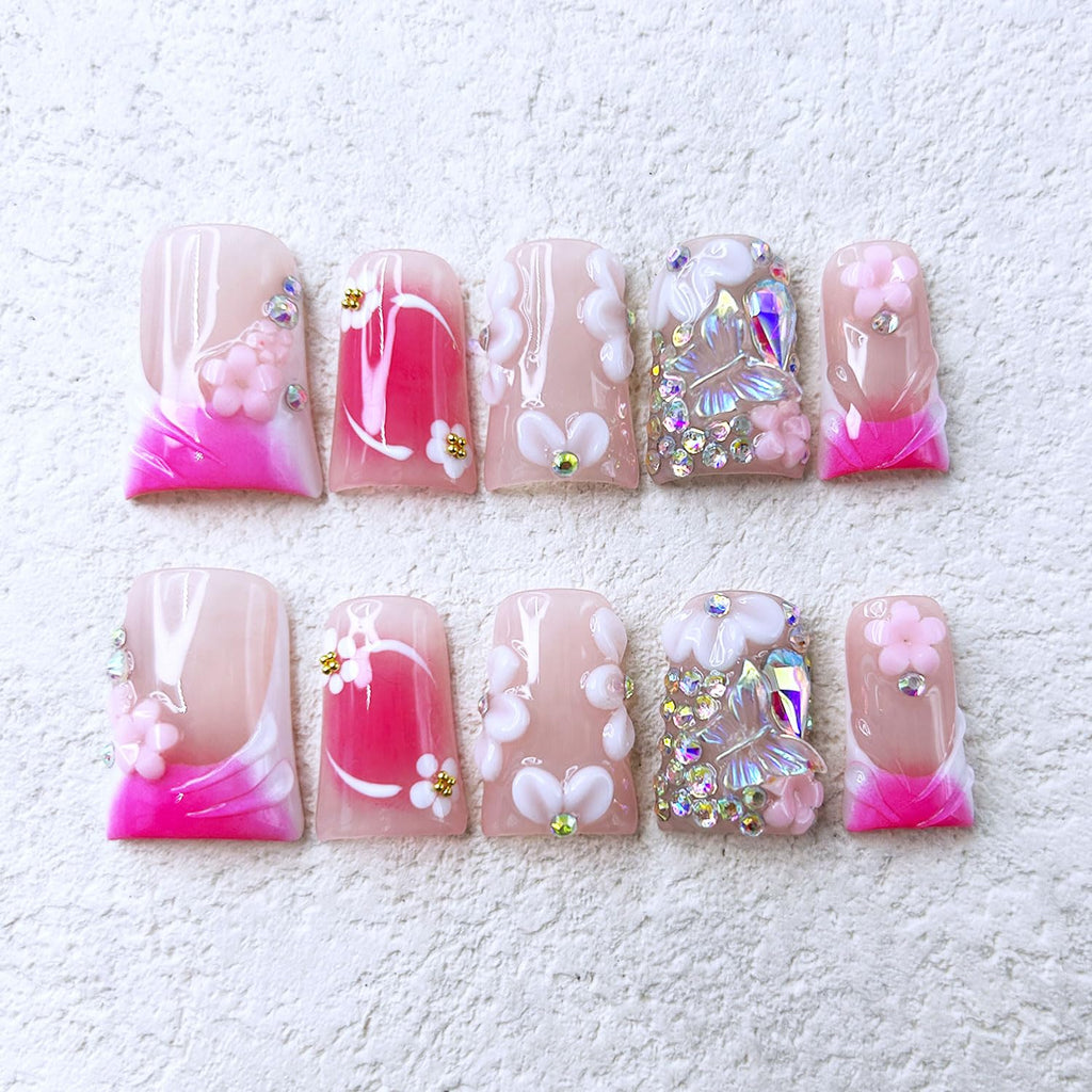 RIICFDD 10 Pcs Handmade Press-On Nails – Medium Duck, Rose Pink with 3D Flowers & Butterfly Rhinestones