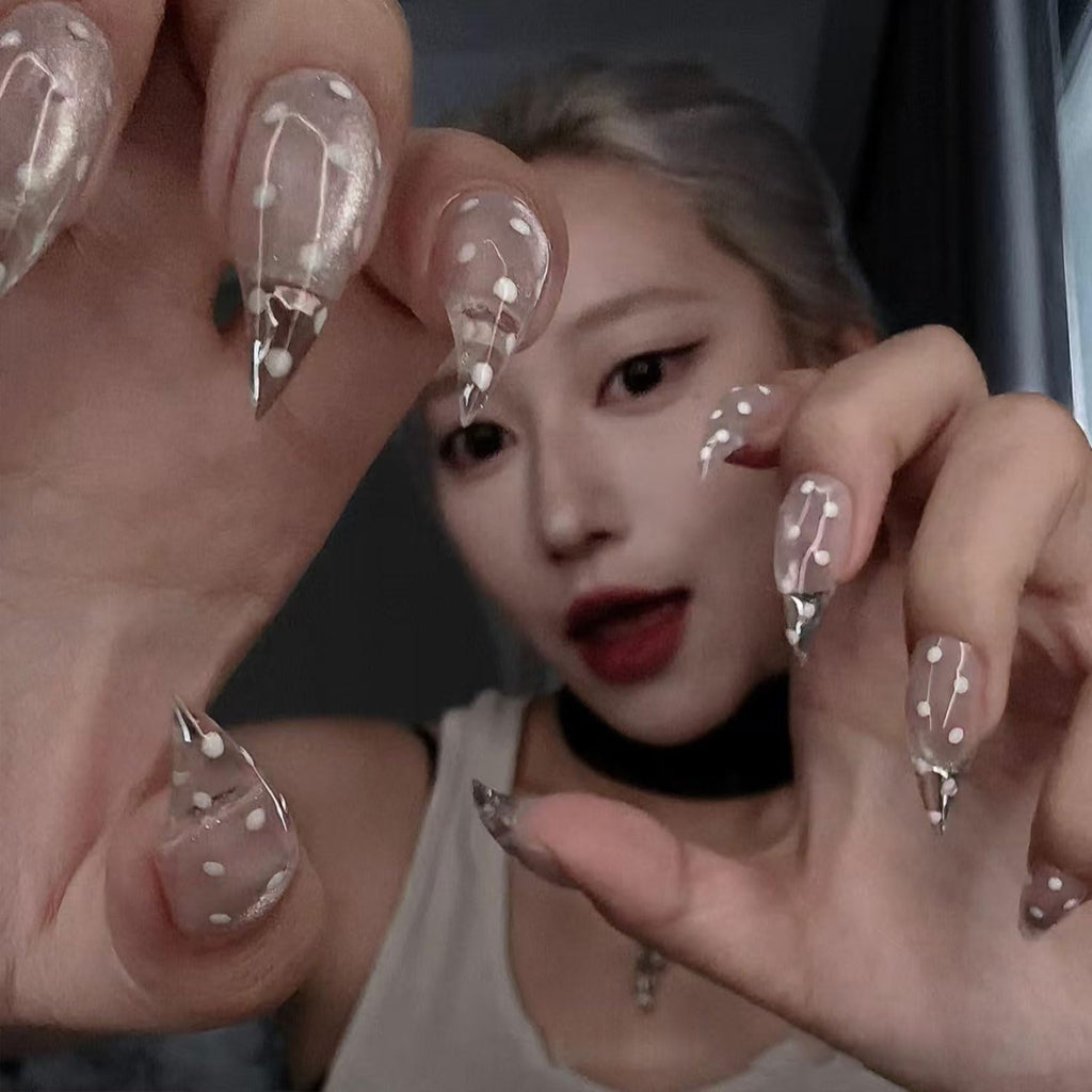 RIICFDD 10 Pcs Handmade Press-On Nails | Short Eagle Claw, Dot Designs, Transparent Luxury Dragon Claw with Glue