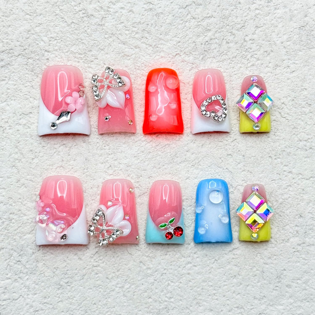 RIICFDD French Press Nails – Orange Duck Nails with 5D Flower Art & Rhinestones (Size S)