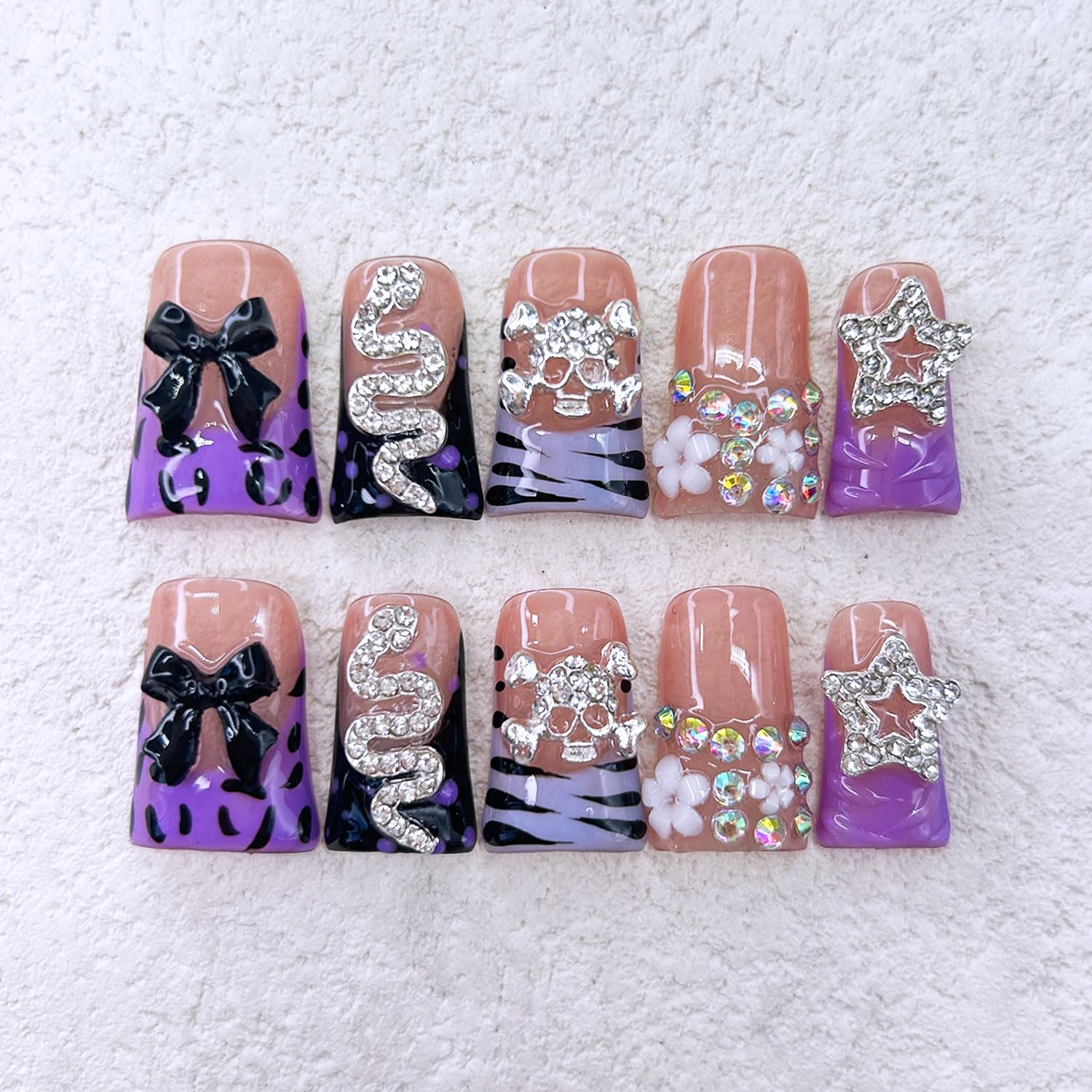 RIICFDD Duck 3D Nails Set – Almond Shape, Bow & Stars Rhinestones, Full Cover, Reusable