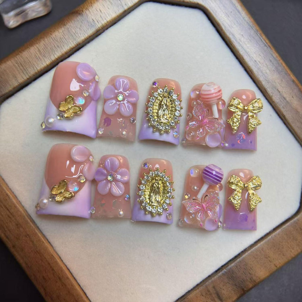 RIICFDD Handmade Press On Nails Duck Medium – Reusable 10 Pcs Velvet Floral Pink French Tips