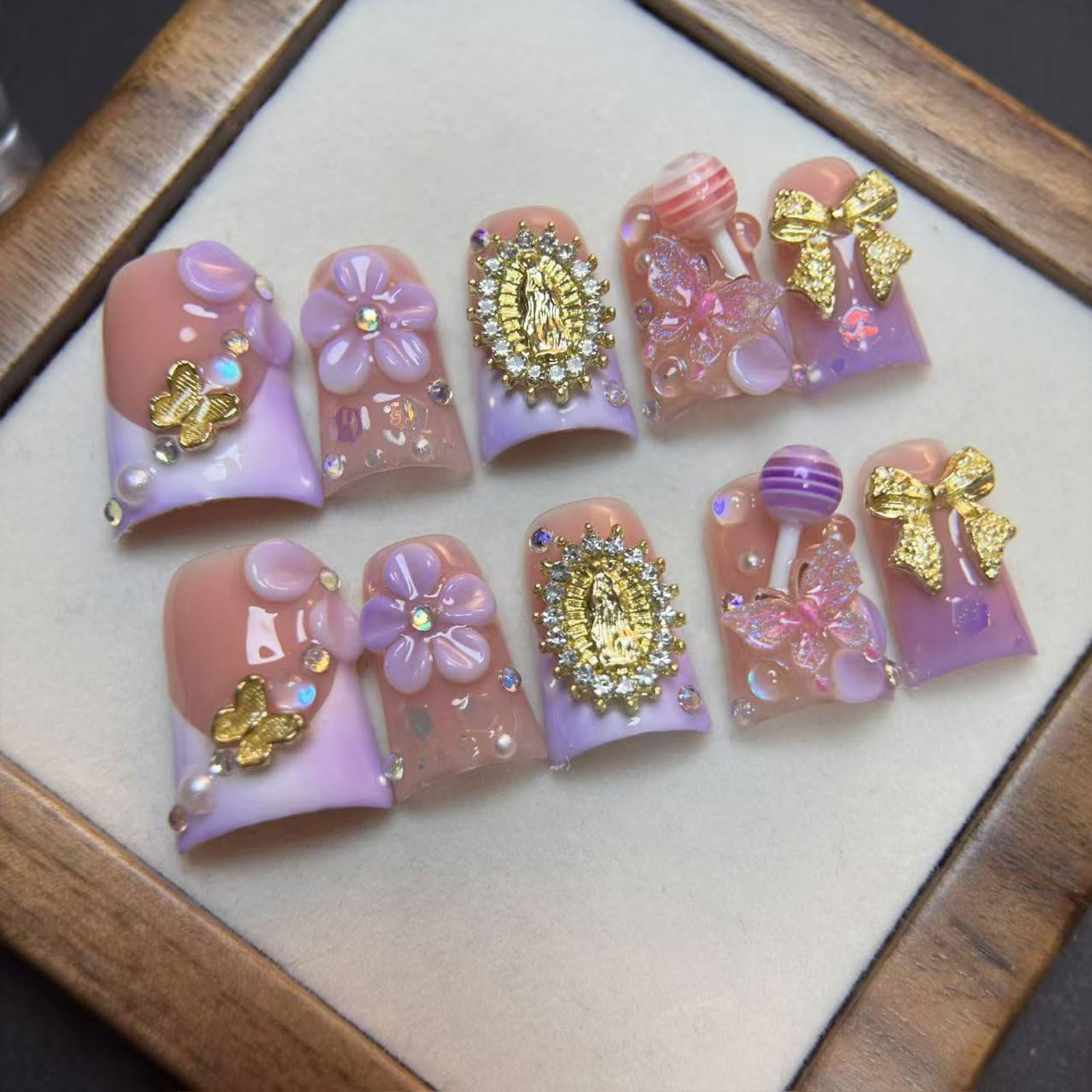 RIICFDD Handmade Press On Nails Duck Medium – Reusable 10 Pcs Velvet Floral Pink French Tips