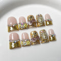 RIICFDD 24-Piece Duck Nail Set | 12 Sizes | French Tip Press-On Nails with Glue, 3D Cherry Flower Rhinestones