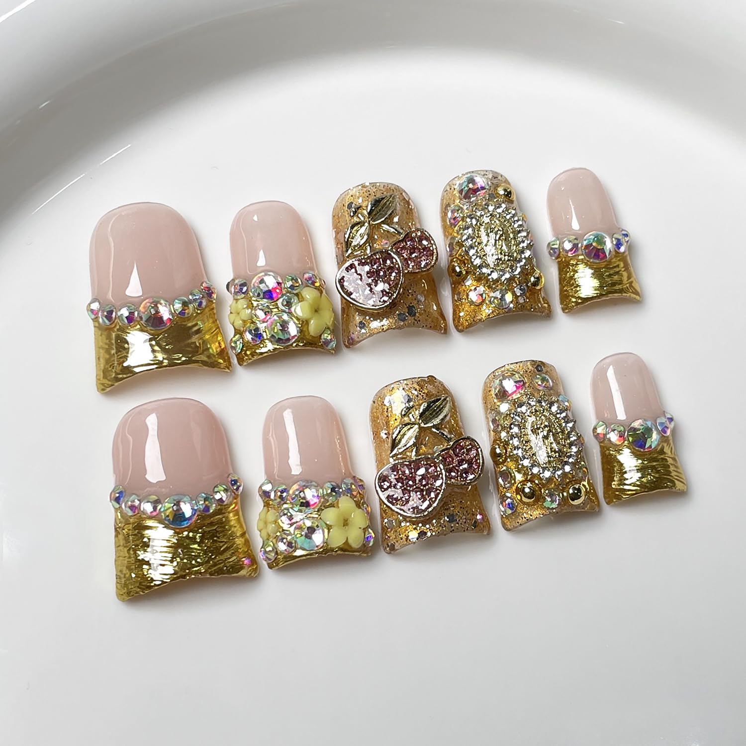 RIICFDD 24-Piece Duck Nail Set | 12 Sizes | French Tip Press-On Nails with Glue, 3D Cherry Flower Rhinestones