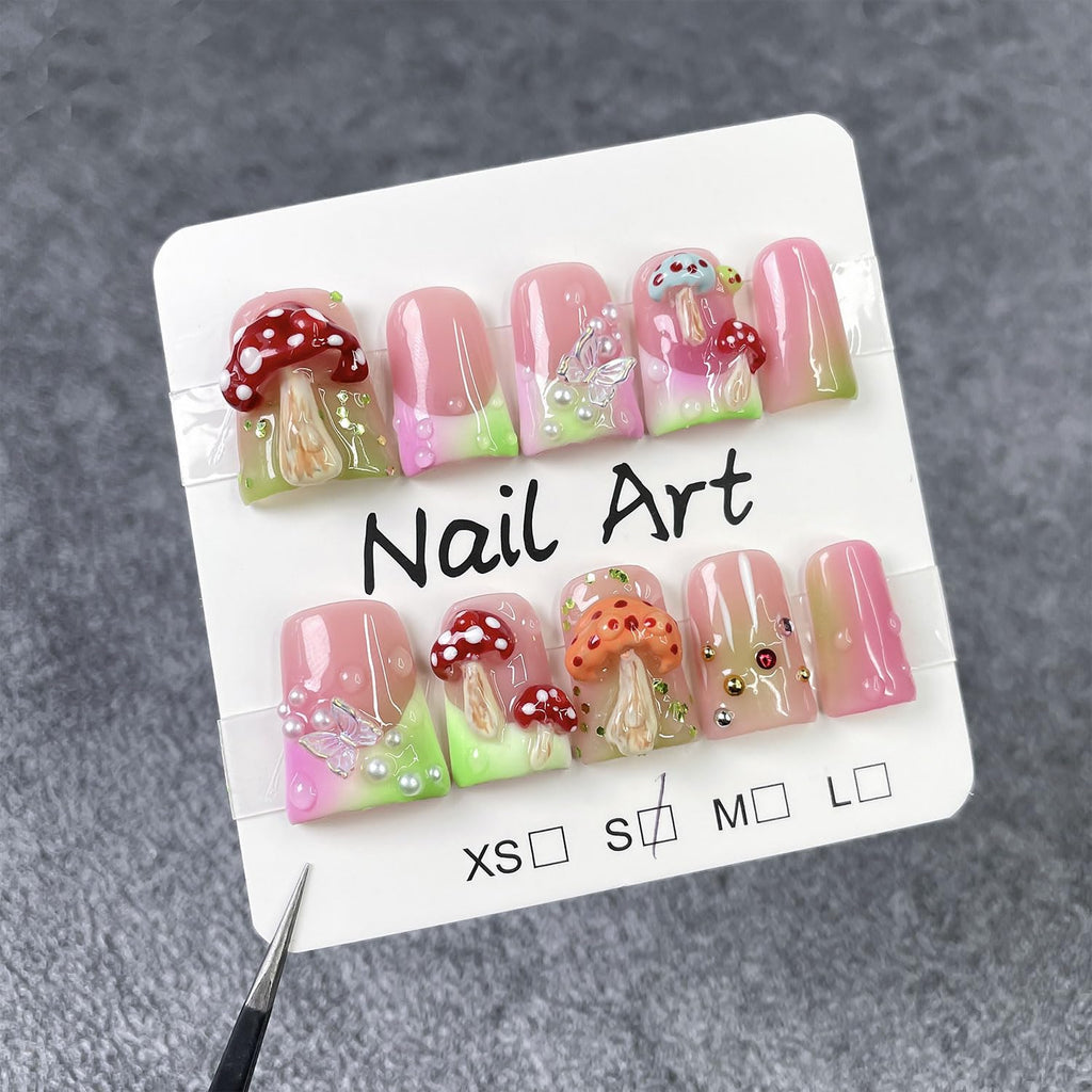 RIICFDD Luxury Handmade Press-On Nails – Medium Duck with 3D Mushroom Art (Size S)